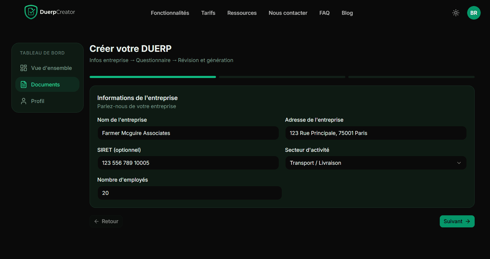 Étape 1 création DUERP (mode sombre)