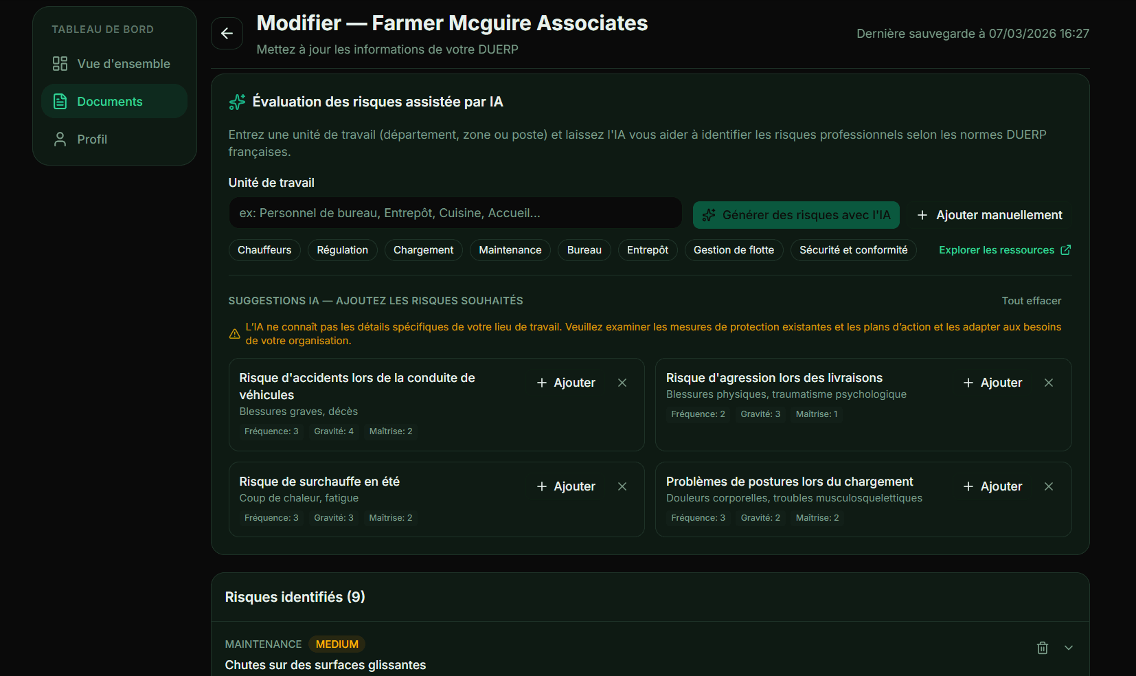 Étape 2 évaluation des risques assistée par IA (mode sombre)